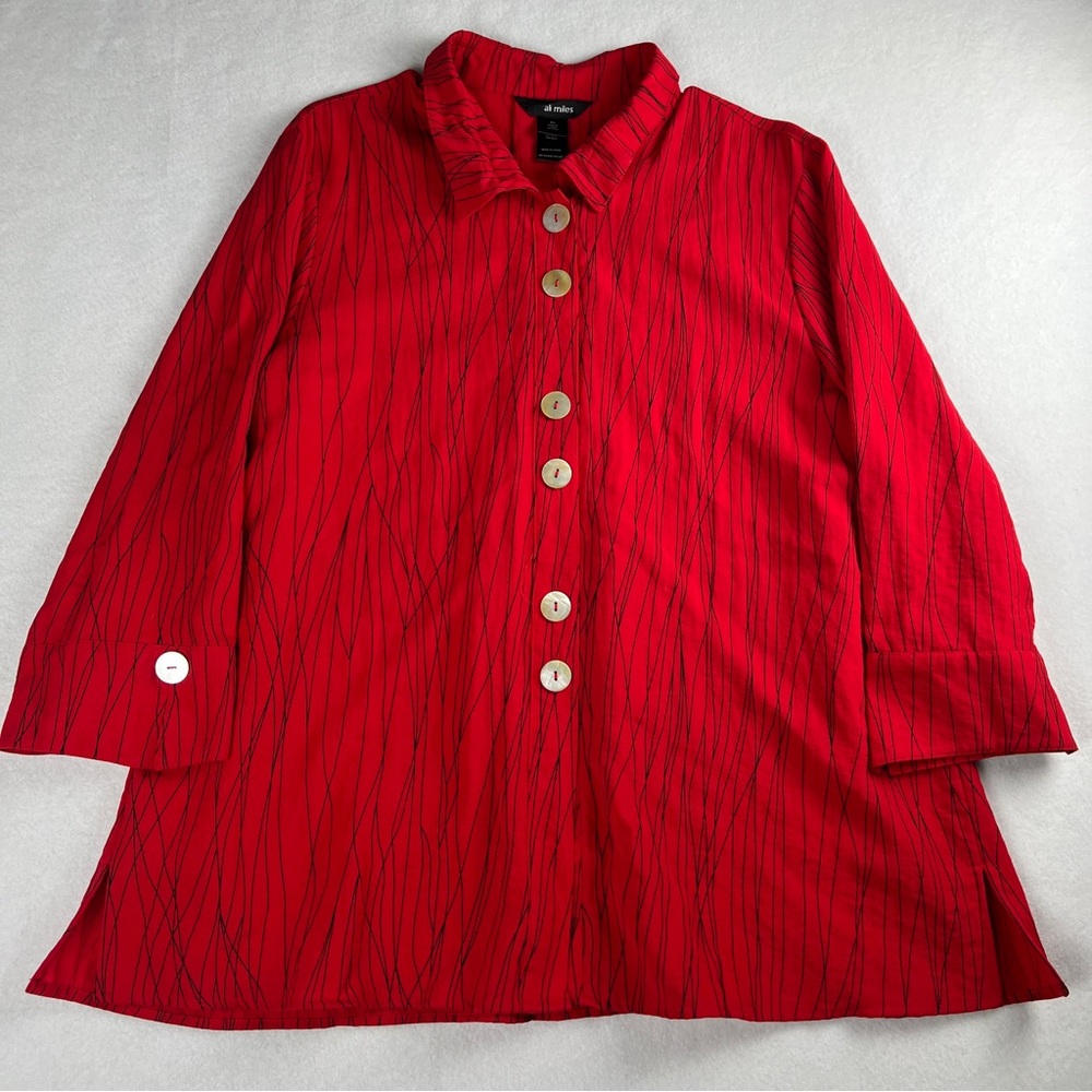 Ali Miles Women's Abstract Stripe Wire Collared  3/4 Sleeve Tunic Blouse Red XL‎